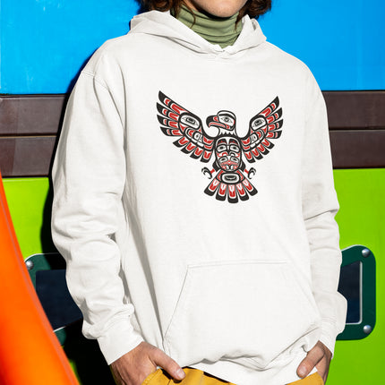Haida Eagle graphic on a white hoodie, featuring Pacific Northwest Indigenous formline art.