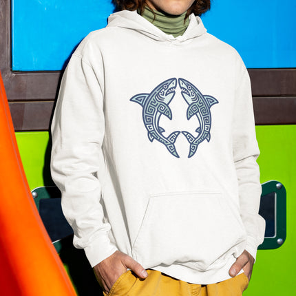 Tribal Mayan sharks symbol graphic on a white pullover hoodie. Geometric marine life design.