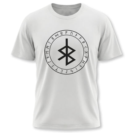 Norse runes t-shirt graphic featuring the Bind Rune and full Elder Futhark circle design.