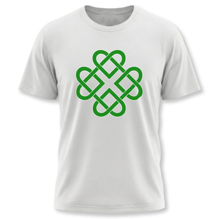 Green Celtic knot clover design on a white graphic t-shirt.