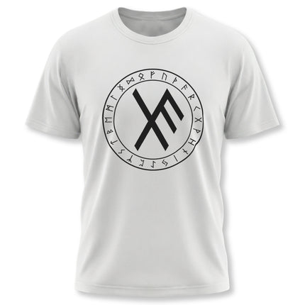 Viking runic t-shirt featuring the Elder Futhark and a protective bind rune design.
