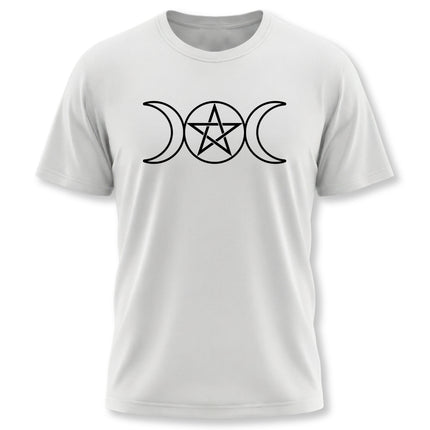 Triple moon and pentagram symbol graphic tee for pagan witchcraft apparel.