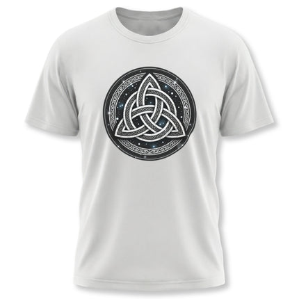 Black Celtic Triquetra knotwork symbol inside a circle on a white t-shirt.