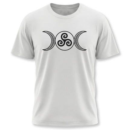 Triple Moon Goddess symbol with Celtic knotwork design on a white t-shirt.