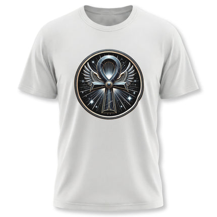 Winged Ankh symbol graphic tee featuring ancient Egyptian design.