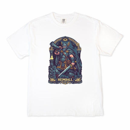 Graphic tee featuring Heimdall, the Norse God, and Gjallarhorn Viking mythology art print.