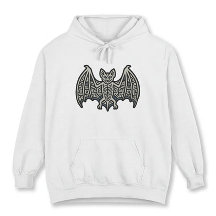 Mayan tribal bat symbol graphic on a unisex pullover hoodie.