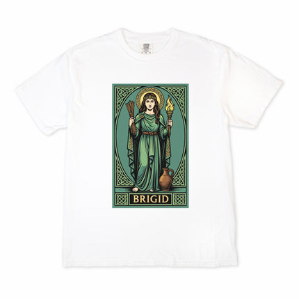Brigid Goddess T-Shirt: Celtic knotwork art inspired by Irish mythology and fire motifs.
