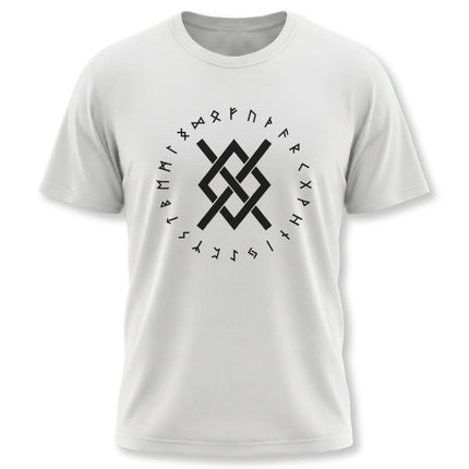 Viking Odin Gungnir knot and rune circle graphic on a white unisex t-shirt.