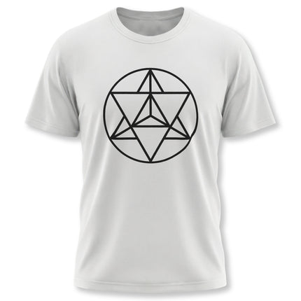 Merkaba sacred geometry hexagram symbol on a unisex t-shirt.