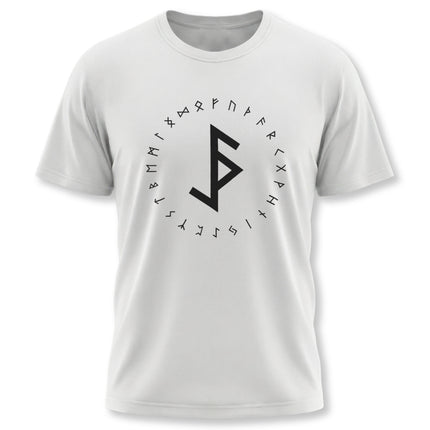 Norse rune t-shirt featuring a protective sigil surrounded by the Elder Futhark alphabet.
