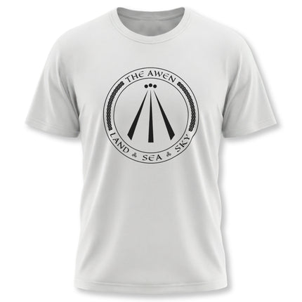 Unisex t-shirt featuring the Celtic Awen symbol and Land Sea Sky elements.