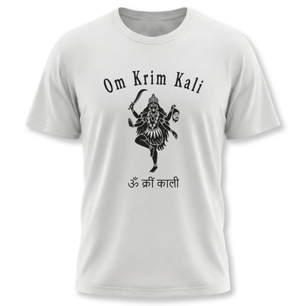 Goddess Kali Om Krim Kali Hindu spiritual mantra graphic t-shirt design.