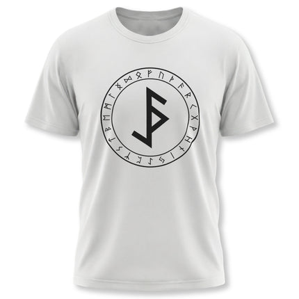 Norse Bind Rune t-shirt featuring the Algiz symbol and the full Elder Futhark rune circle.