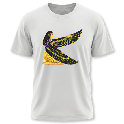 Egyptian goddess Isis graphic tee featuring stylized wings and ancient Egyptian art.