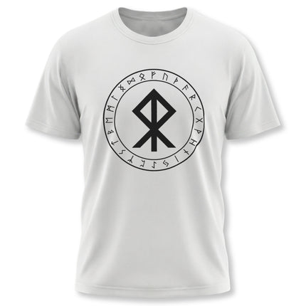 Algiz rune and Norse runes graphic t-shirt featuring the Elder Futhark symbol circle for protection.