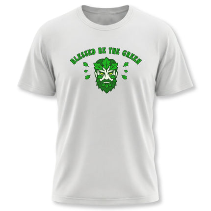 Green Man and "Blessed Be The Green" text on a nature-themed pagan t-shirt.