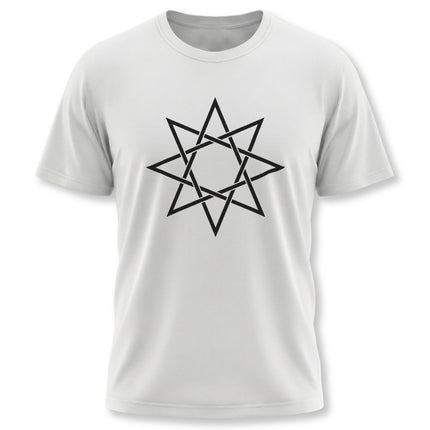Black octagram sacred geometry star symbol on a white unisex graphic t-shirt.