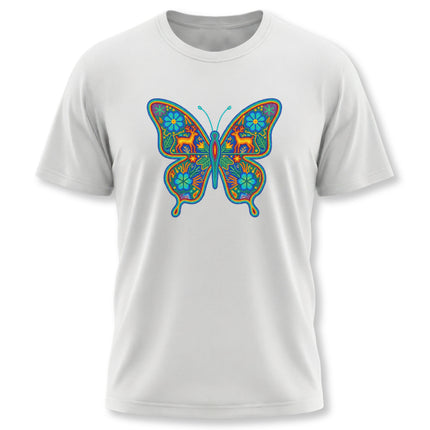 Vibrant butterfly graphic tee featuring Mexican Huichol art, deer, and floral designs.