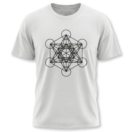 Metatron's Cube sacred geometry line art graphic on a white unisex t-shirt.