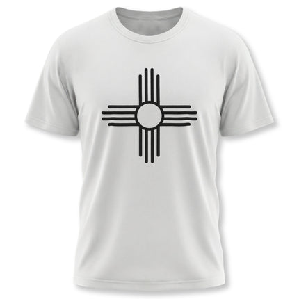 Zia Sun Symbol graphic tee featuring Native American cultural design on a white shirt.