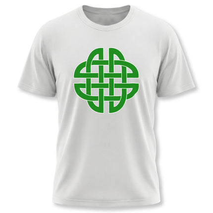 Green Celtic knotwork shield design for a unisex t-shirt.