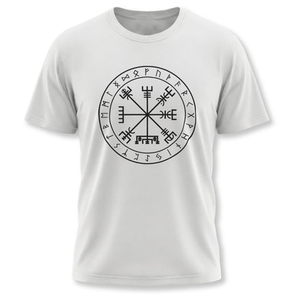 Vegvisir Viking rune compass graphic on a white unisex t-shirt.