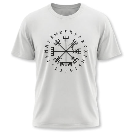 Norse Vegvisir rune compass graphic on a white unisex t-shirt featuring Viking runes.