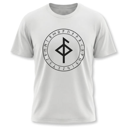 T-shirt with Norse runes: Circular Elder Futhark design featuring a central protective bind rune symbol.