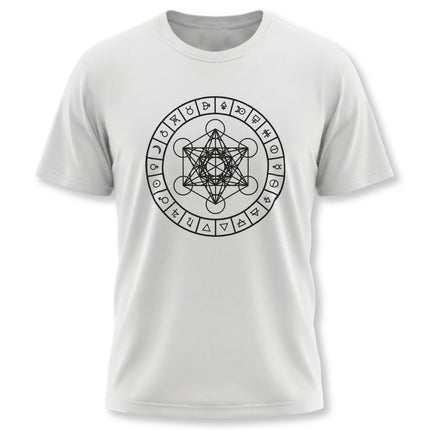Metatron's Cube sacred geometry t-shirt featuring zodiac and alchemy symbols.