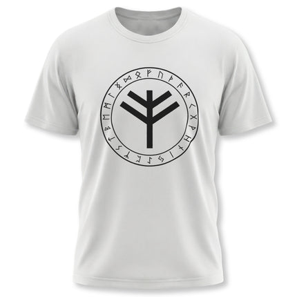 T-shirt featuring the Algiz rune and Elder Futhark circle, a Norse protection symbol.