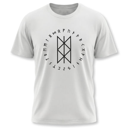 Viking t-shirt featuring a rune circle and the Web of Wyrd symbol design.