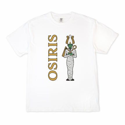 Ancient Egyptian Osiris god graphic tee shirt featuring mummy and mythology artwork.