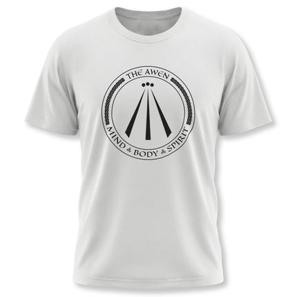 Celtic Awen symbol t-shirt graphic featuring Mind, Body, and Spirit text in a circular design.