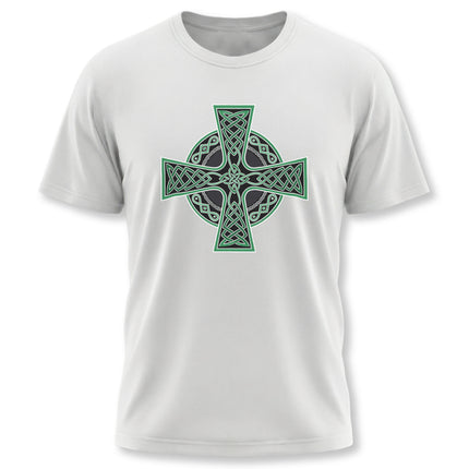 Green Celtic Cross knotwork design on a white graphic t-shirt.