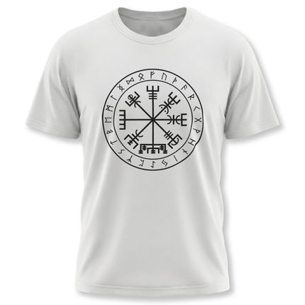 Norse Vegvisir rune compass graphic on a white unisex t-shirt.