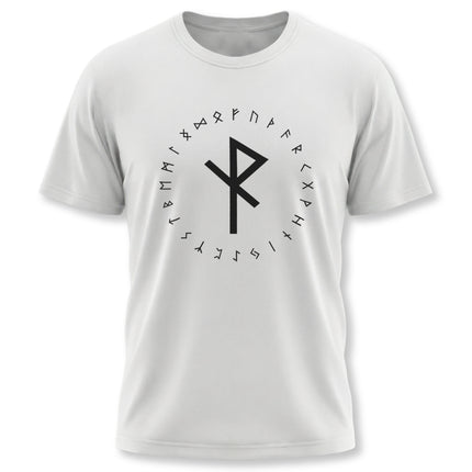 Viking rune t-shirt featuring the Algiz protection rune and the full Elder Futhark alphabet.