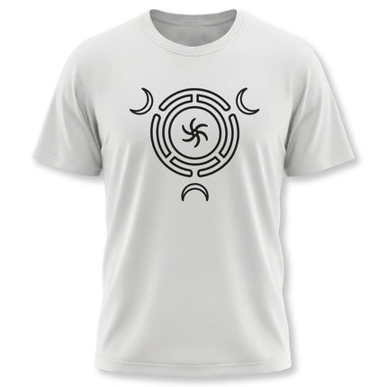 Witchcraft t-shirt featuring Hecate's Wheel and triple moon goddess symbol.