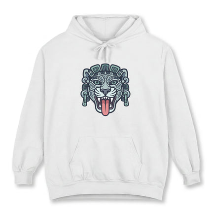 Stylized Mayan jaguar head graphic featuring Mesoamerican tribal art design.