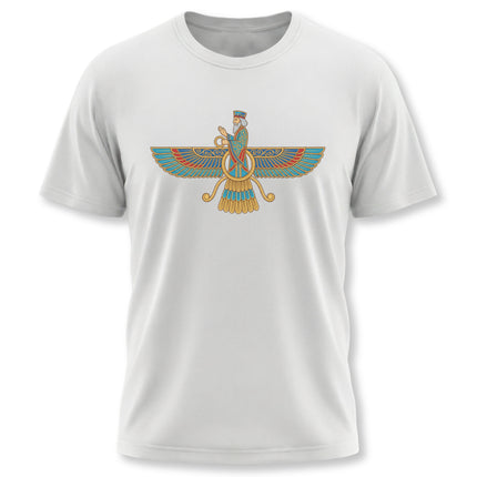 Faravahar winged symbol graphic tee featuring ancient Zoroastrian Persian culture art.