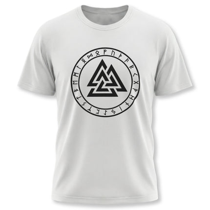 Norse Valknut and rune circle graphic tee featuring Viking mythology symbols.