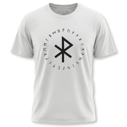 Norse rune t-shirt featuring a central peace bind symbol surrounded by Viking Elder Futhark runes.