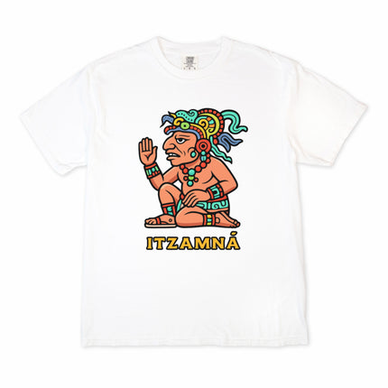 Colorful Itzamná Mayan god graphic t-shirt featuring ancient mythology art print.