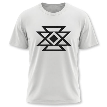 Geometric butterfly symbol graphic tee featuring abstract tribal design.