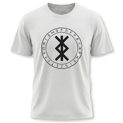 Norse rune t-shirt featuring the Elder Futhark circle and a central protection bind rune symbol.