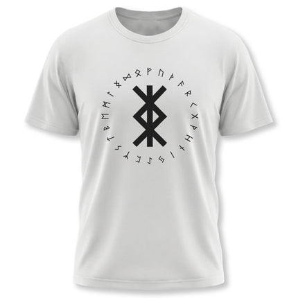 Norse Bind Rune t-shirt featuring the Elder Futhark runes. Graphic design for protection and Viking style.