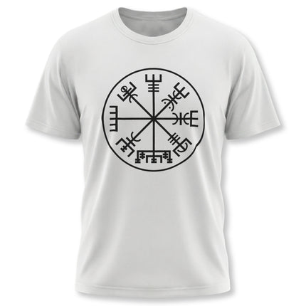 Vegvisir Viking compass graphic tee featuring Norse runes and directional symbols on a white shirt.