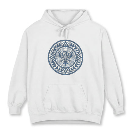 Mosaic phoenix and eagle emblem in a laurel wreath on a white pullover hoodie.