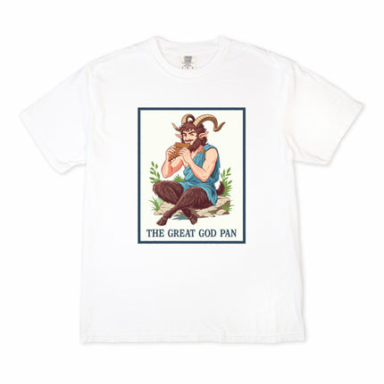 Pan satyr god graphic tee featuring Greek mythology's Pan playing a flute.