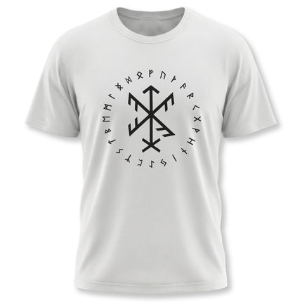 Norse bind rune and Elder Futhark runes graphic on a white unisex t-shirt.